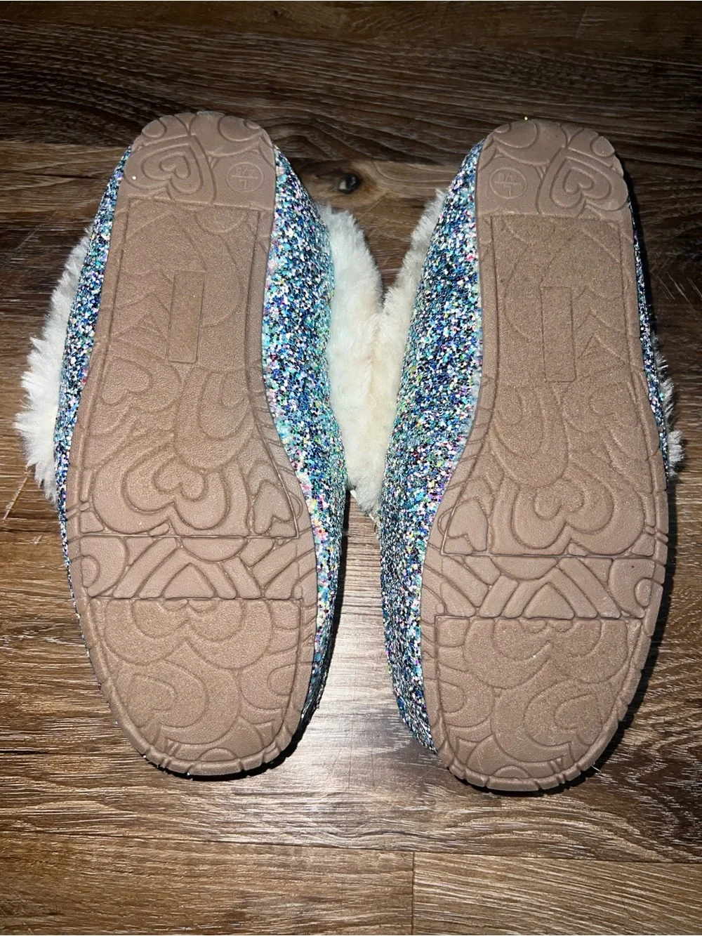 Cat & Jack Multicolor Glitter Sequin Faux Fur Moccasin Slippers, Size L 4/5